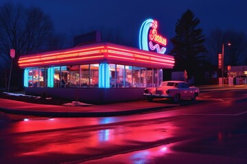 classic neon diner sign glowing in the dark, created with generative ai