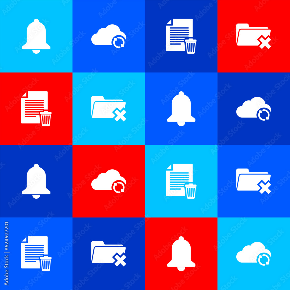 Poster set ringing bell, cloud sync refresh, delete file document and folder icon. vector