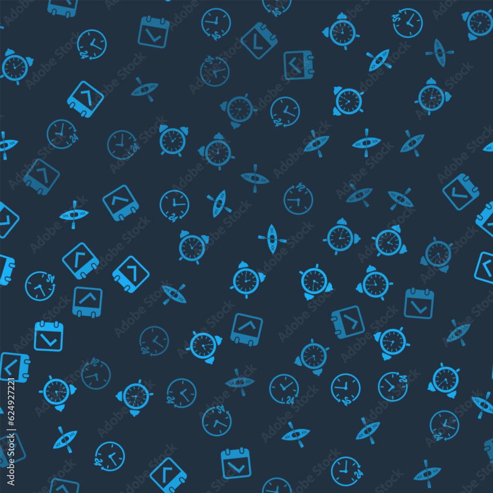 Poster set clock 24 hours, alarm clock, kayak and paddle and calendar with check mark on seamless pattern. 