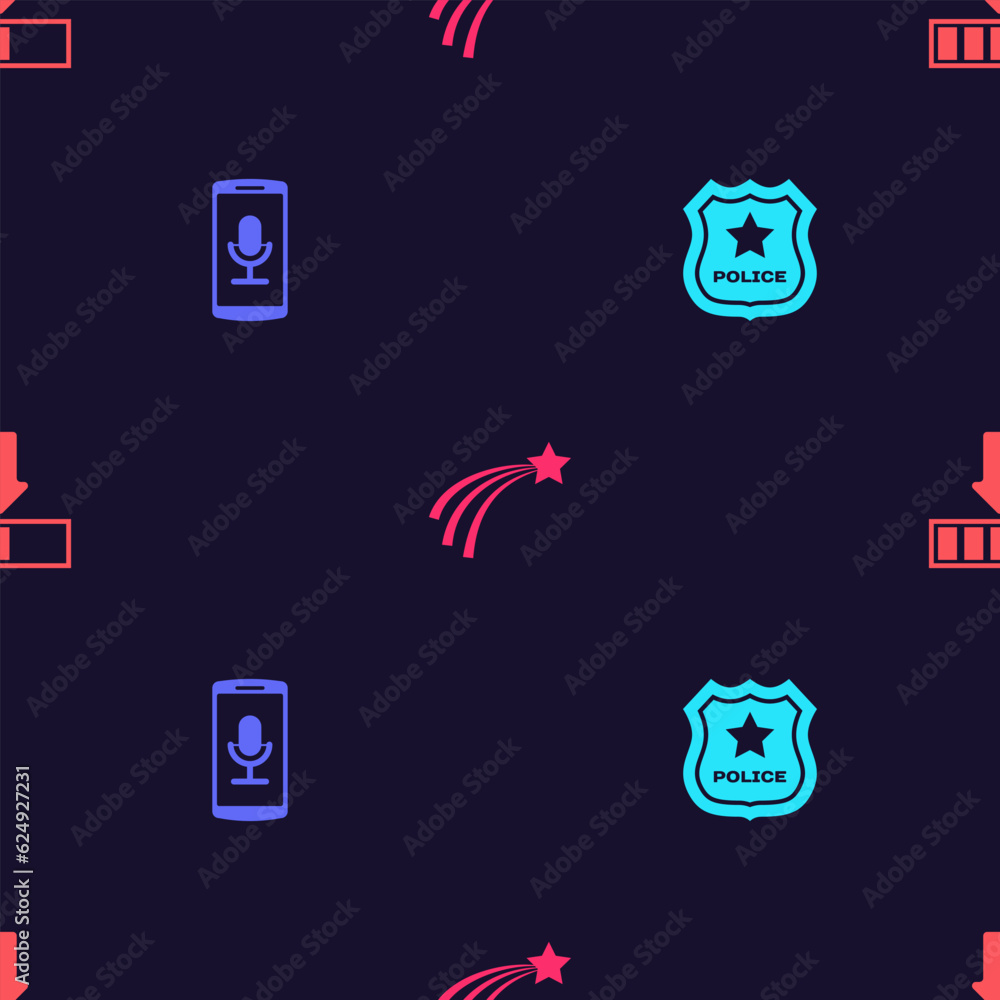 Poster set police badge, mobile recording, falling star and loading on seamless pattern. vector