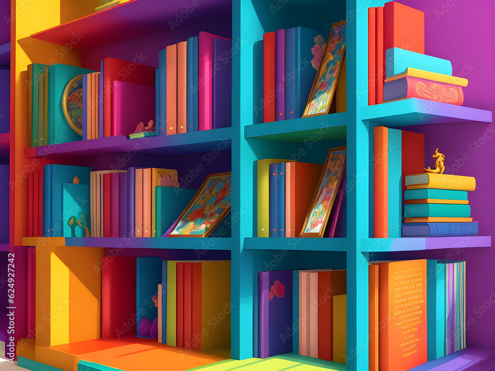 Poster 3d render of a colorful bookshelf