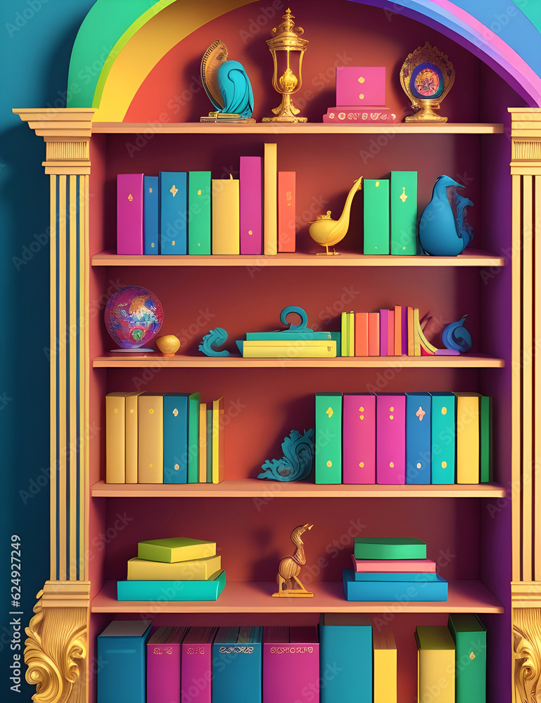 Poster rounded bookshelf with colorful books, generative ai