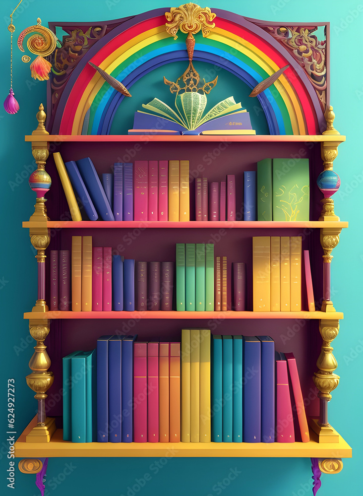 Poster rounded bookshelf with colorful books, generative ai