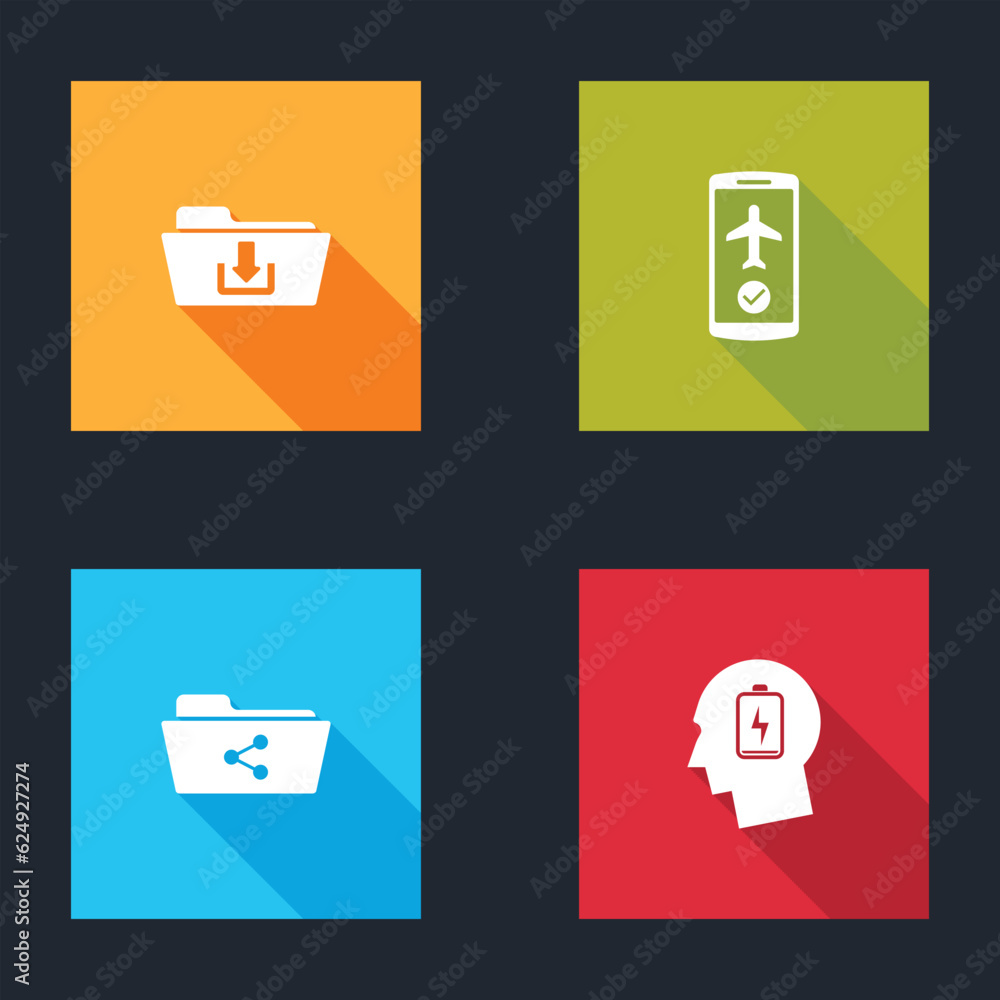 Poster set folder download, flight mode in the mobile, share folder and head with low battery icon. vector