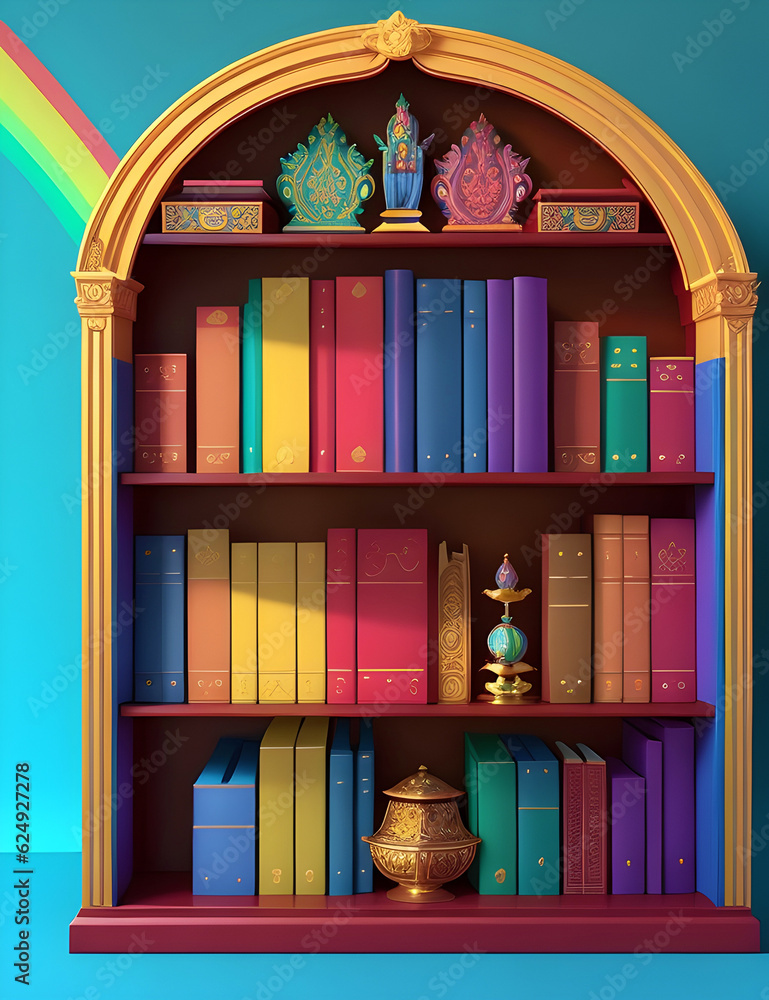 Poster rounded bookshelf with colorful books, generative ai