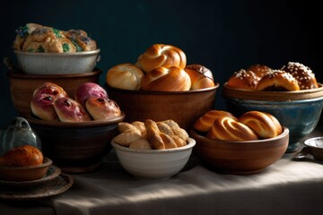 ceramic bowls filled with assorted fresh-baked rolls, created with generative ai