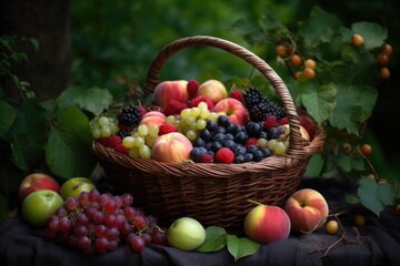 a basket of ripe fruit, surrounded by greenery, created with generative ai