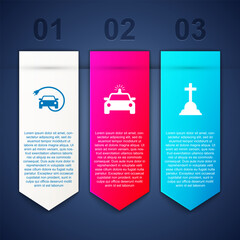 Set Electric car, Police and flasher and Tombstone with cross. Business infographic template. Vector