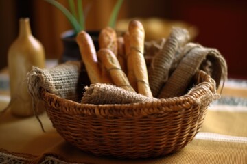 baguettes in a burlap-lined wire basket, created with generative ai