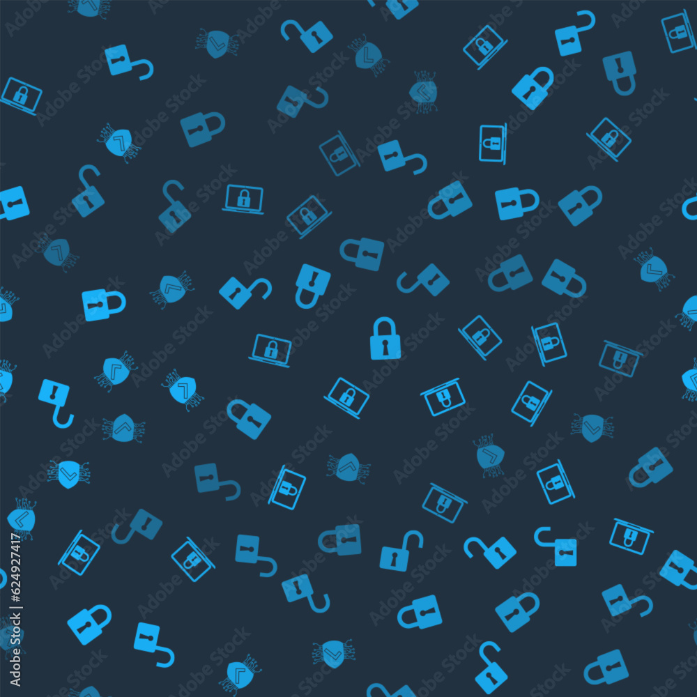 Poster set open padlock, laptop and, lock and cyber security on seamless pattern. vector