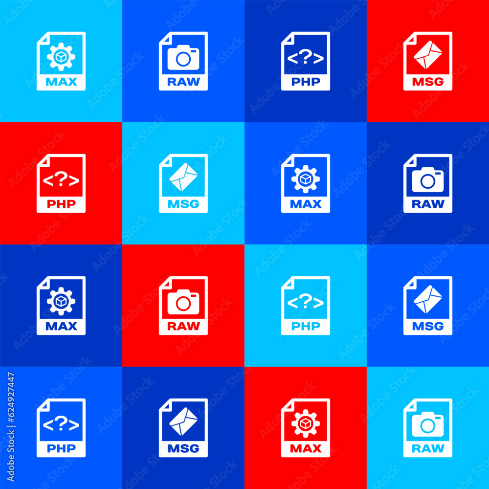Poster set max file document, raw, php and msg icon. vector