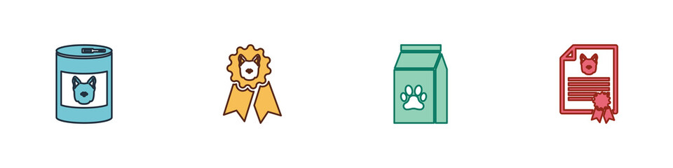 Set Canned food for dog, Dog award symbol, Bag of pet and Certificate cat icon. Vector