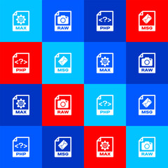Set MAX file document, RAW, PHP and MSG icon. Vector