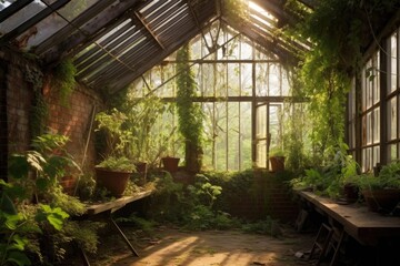 greenhouse with aged brick walls and climbing vines, created with generative ai