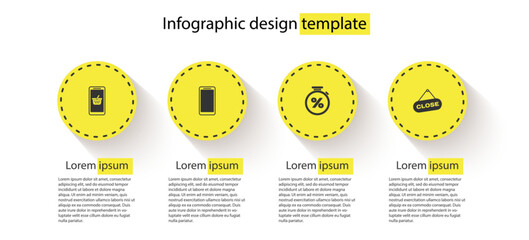 Set Mobile and shopping basket, Smartphone, mobile phone, Stopwatch percent and Hanging sign with Close. Business infographic template. Vector