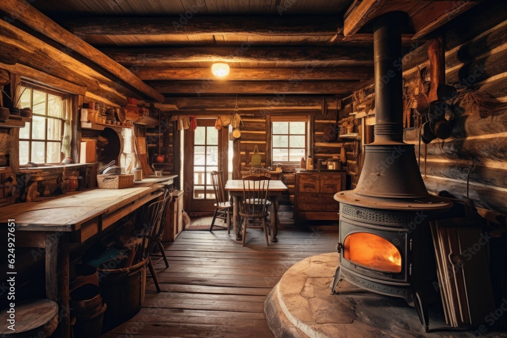 Wall mural rustic log cabin interior with wood-burning stove, created with generative ai