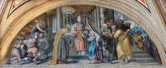Deurstickers NAPLES, ITALY - APRIL 23, 2023: The fresco of Wedding of Virgin Mary and St. Joseph in the church Chiesa di San Giovanni a Carbonara by unknown mannerist painter from years (1570 - 1575).  © Renáta Sedmáková