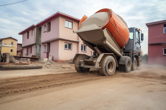 cement mixer in motion, mixing fresh concrete for new building, created with generative ai