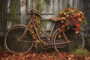 Fototapeta na wymiar vintage bicycle covered in ivy and autumn leaves, created with generative ai