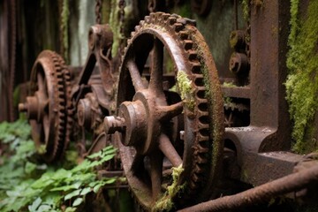 rusty gears and chains on antique farming machinery, created with generative ai