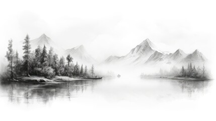 Fototapeta premium A still body of water reflects a mountain range. (Generative AI)