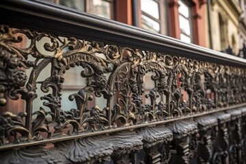 close-up of ornate balcony railing, with carved details and intricate metalwork, created with generative ai