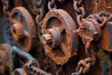 close-up of rusty tractor gears and chains, created with generative ai