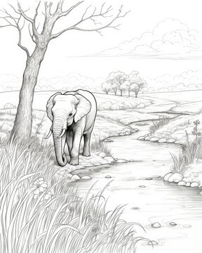 An elephant walks alongside water's edge. (Generative AI)