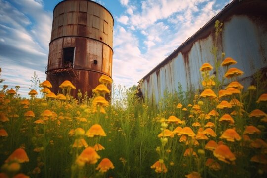 abandoned rusty silo surrounded by wildflowers, created with generative ai
