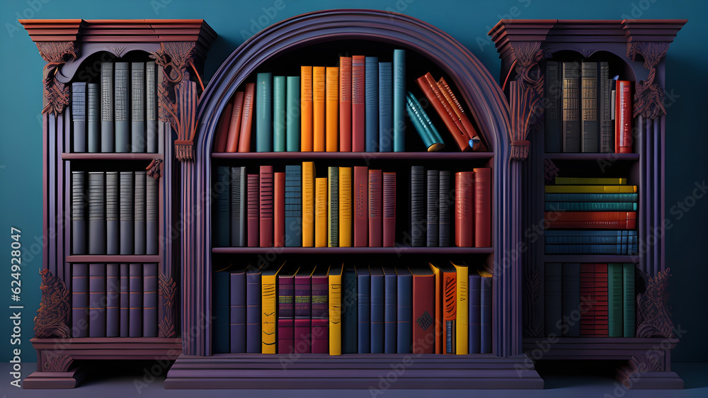 Poster rounded bookshelf with colorful books, generative ai