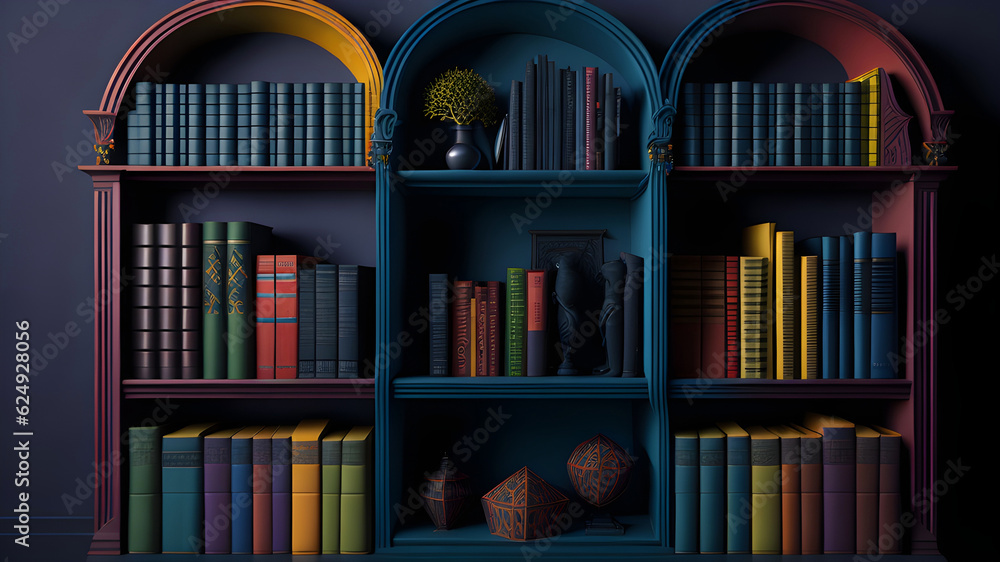 Poster rounded bookshelf with colorful books, generative ai