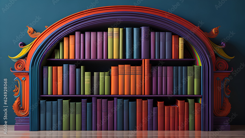 Poster rounded bookshelf with colorful books, generative ai