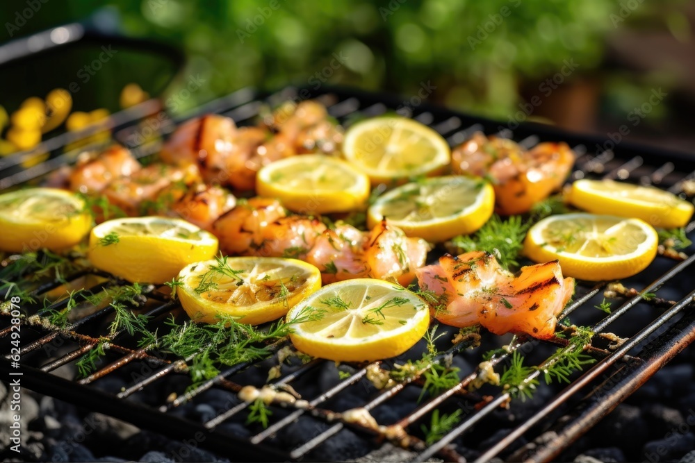 Poster delicious shrimp skewers with lemon on grill grate, created with generative ai