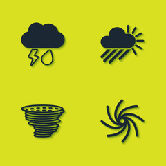 Fototapeta premium Set Cloud with rain and lightning, Tornado, and Cloudy sun icon. Vector