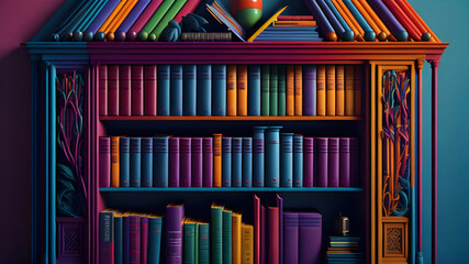 colorful bookshelf with colorful books, educational library office modern bright background, generative ai