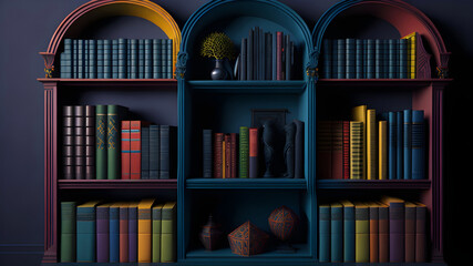 rounded bookshelf with colorful books, generative ai