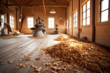 sanded wood shavings on workshop floor, created with generative ai - obrazy, fototapety, plakaty