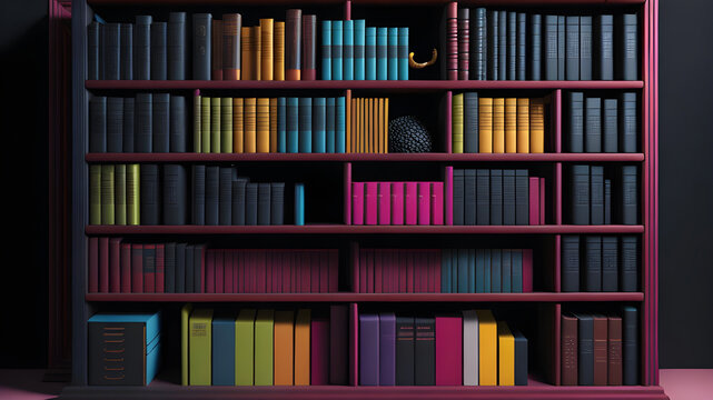 colorful bookshelf with colorful books, educational library office modern bright background, generative ai
