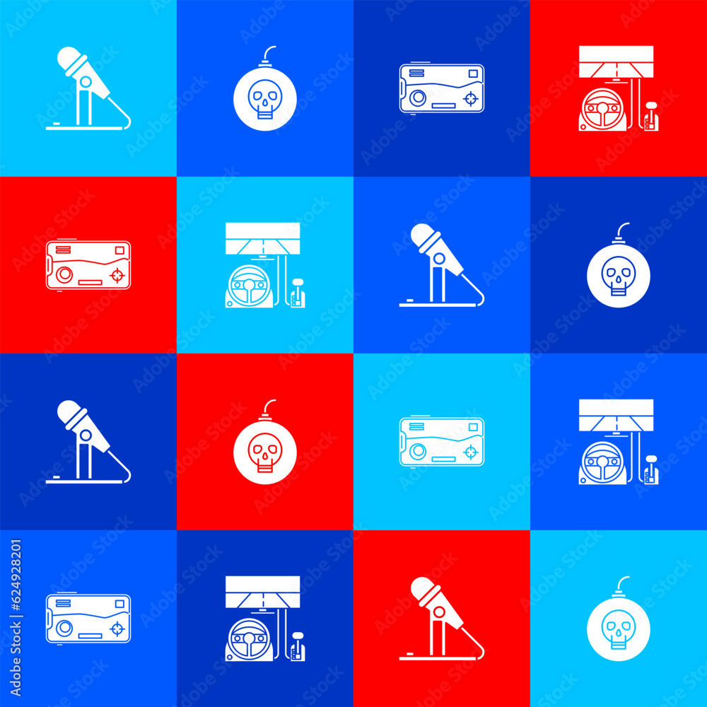 Poster set microphone, bomb ready to explode, mobile and playing in game and racing simulator cockpit icon.