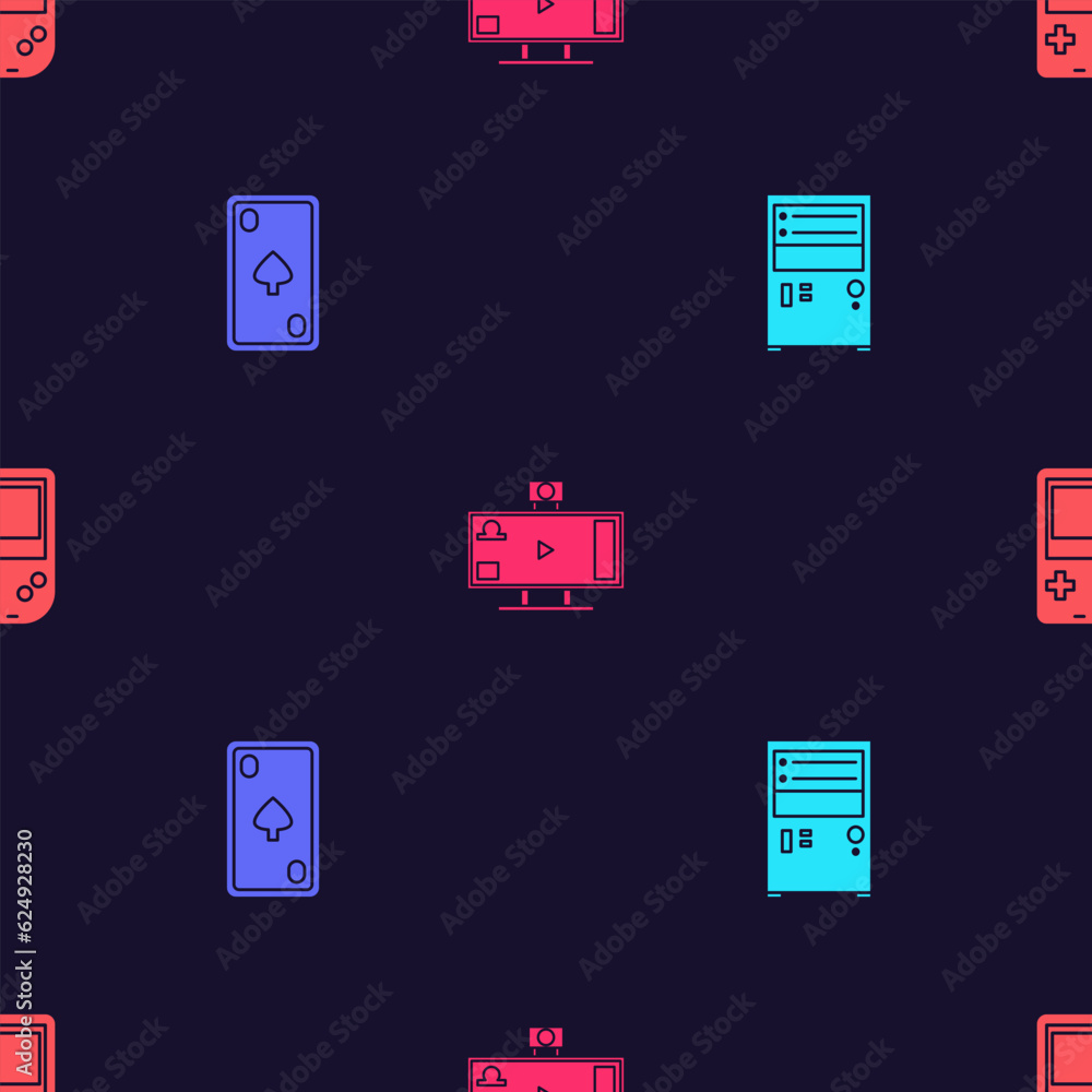 Poster set computer, playing card with diamonds, live streaming online and portable video game console on s