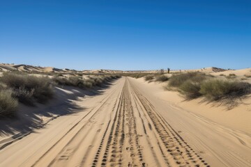 scenic road trip through a desert landscape, with endless sand dunes and clear blue skies, created with generative ai