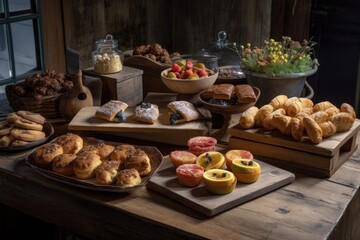 a rustic wooden board with a variety of freshly-made pastries and sweets, created with generative ai
