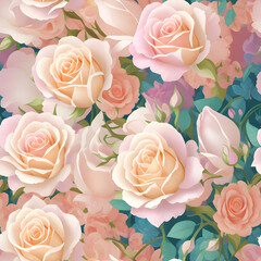 repeating seamless background of volumetric light pink roses, generative ai