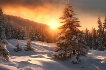 snowy pine tree landscape during golden hour, created with generative ai