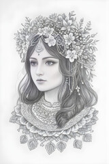 pencil sketch of a girl in a flower wreath, detailed sketch of a portrait of a girl with flowers in her hair, generative ai