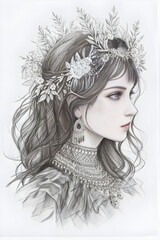 Fototapeta premium pencil sketch of a girl in a flower wreath, detailed sketch of a portrait of a girl with flowers in her hair, generative ai