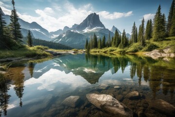 serene lake surrounded by towering mountains, with reflections of the peaks in the water, created with generative ai