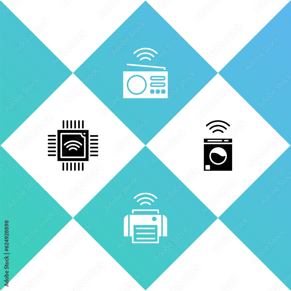 Poster set processor with microcircuits cpu, smart printer, radio and washer icon. vector