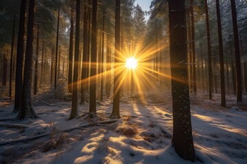 snowy pine forest with sun rays breaking through, created with generative ai