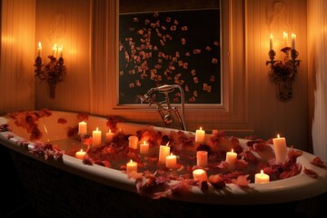 overhead view of overflowing bathtub with lit candles around it, created with generative ai